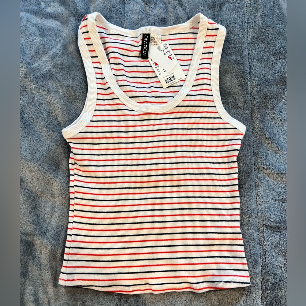 Red and blue striped tank top, size small, never worn with tags